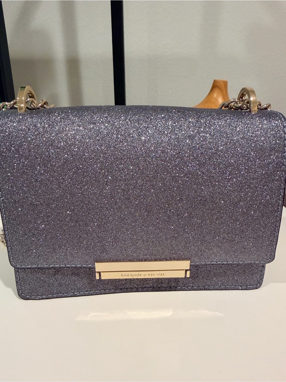 kate spade glitter crossbody bag in metallic purple with gold hardware